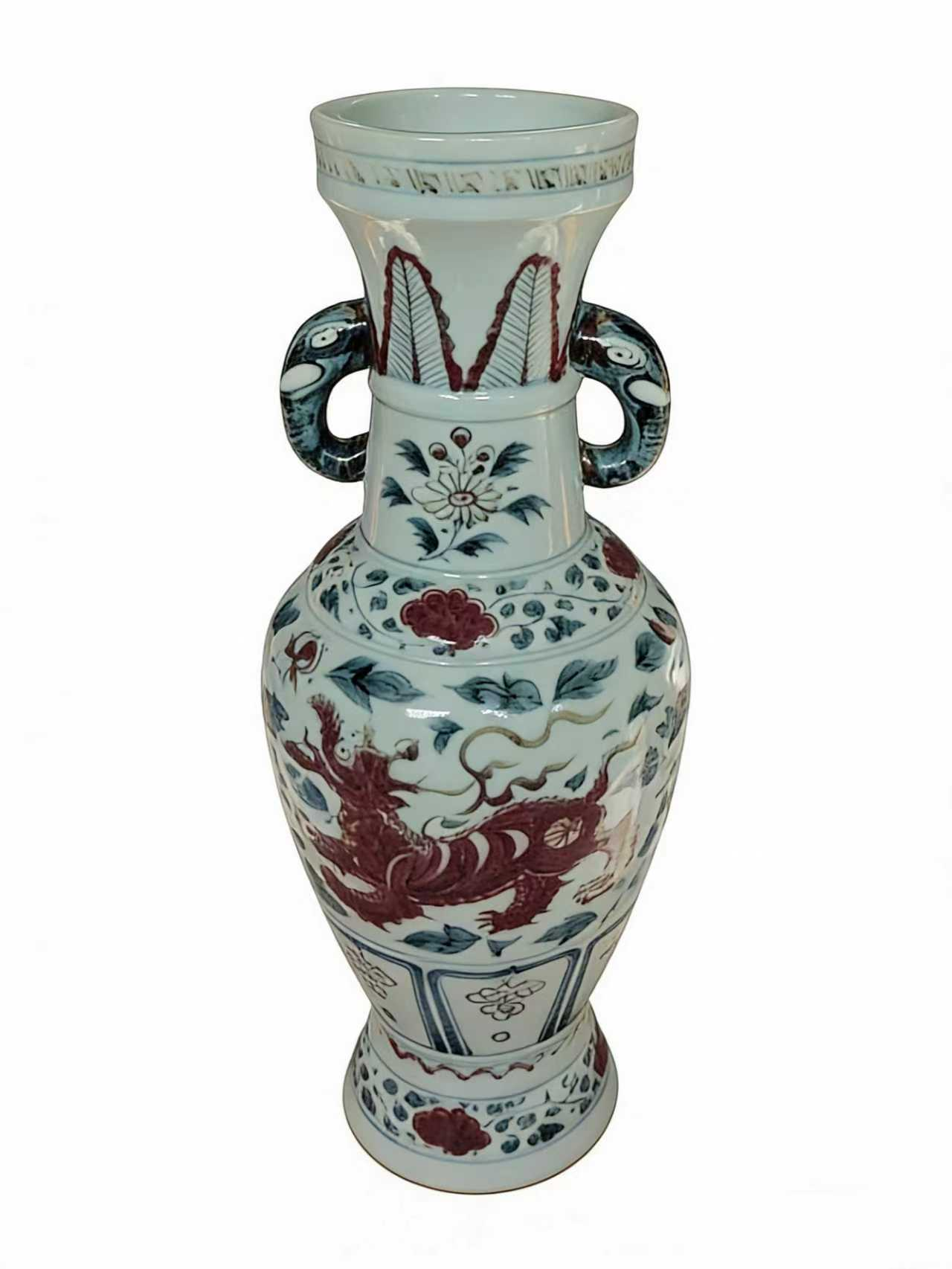 青花釉里红麒麟象耳瓶